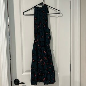 Green, black and salmon leopard print sleeveless halter dress with tie waist